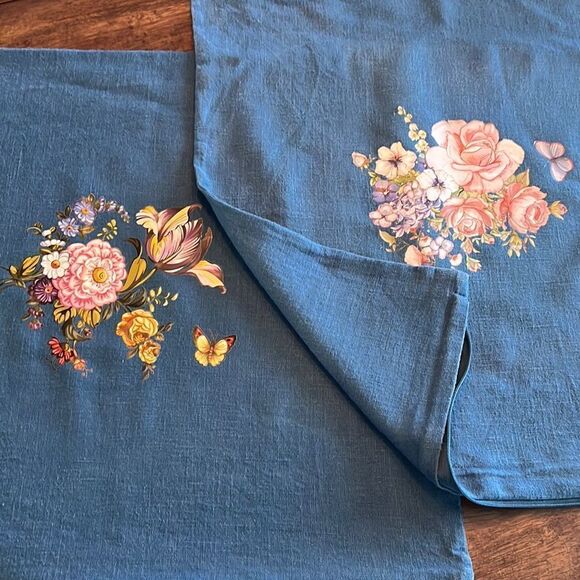 IKEA Blue Upcycled Pillow Covers w/ Floral Transfers w/ Zipper Closure- 2 pcs. - Picture 2 of 11